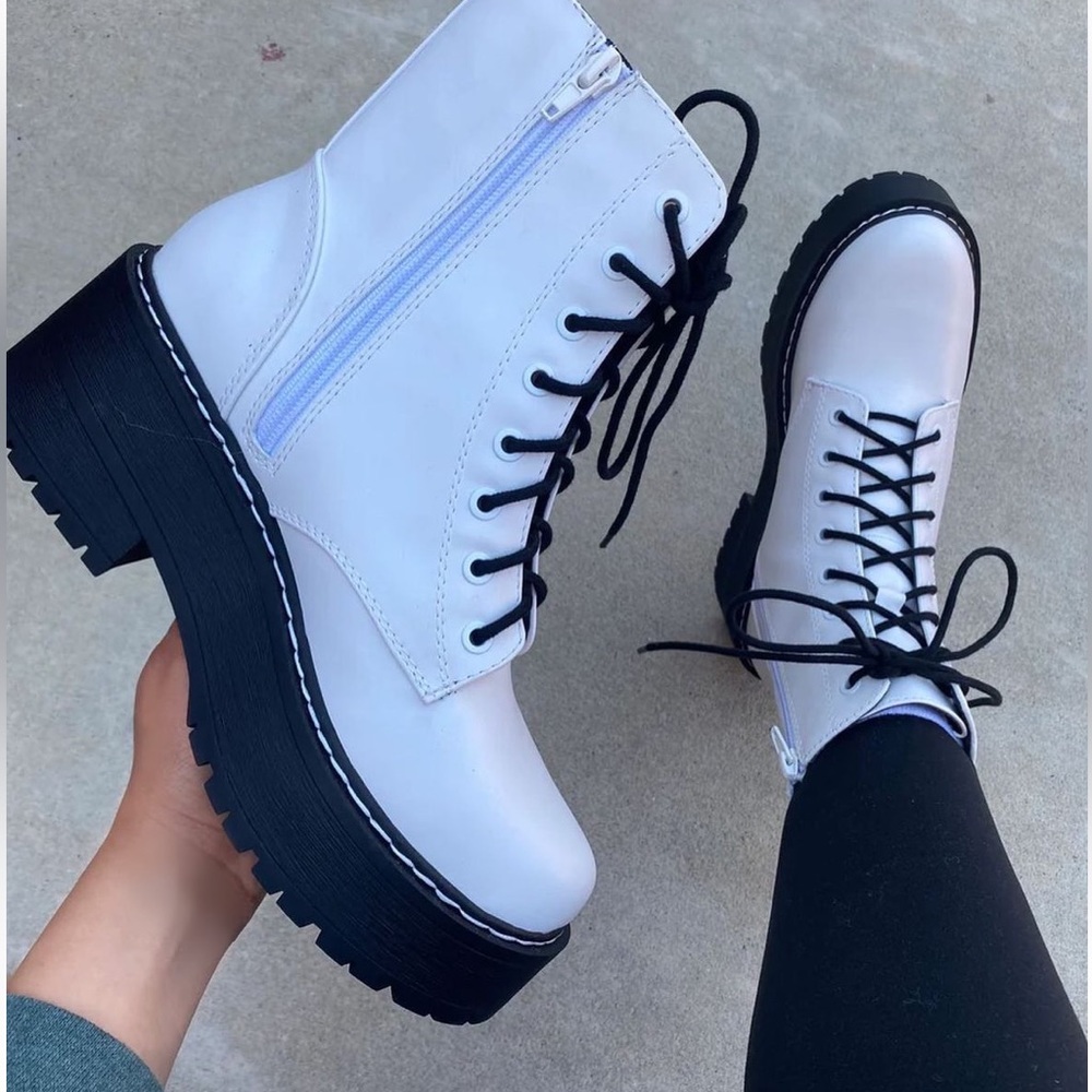 Soda White Combat Moto Boots with Black Lug Sole